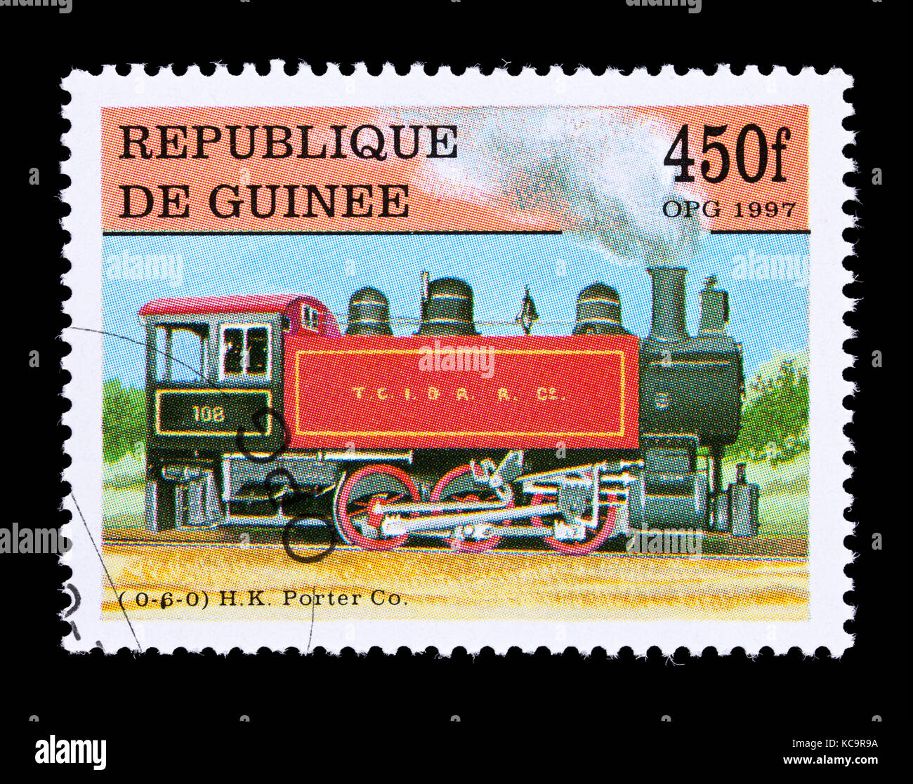 Postage stamp from Guinea depicting an 0-6-0 H. K. Porter Company steam locomotive. Stock Photo