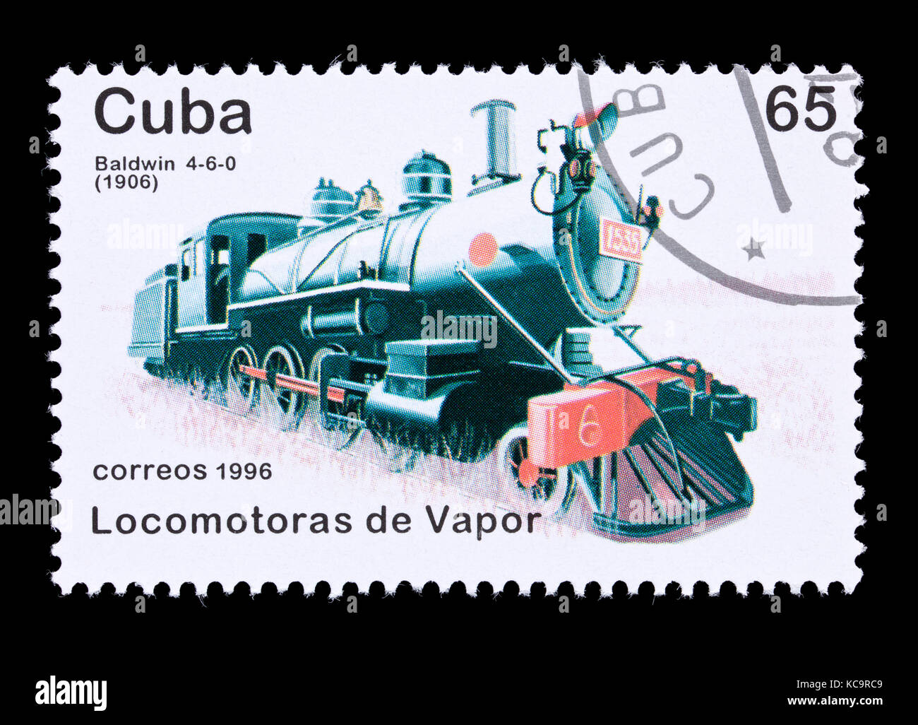 Postage stamp from Cuba depicting a Baldwin 4-6-0 steam locomotive from 1906. Stock Photo