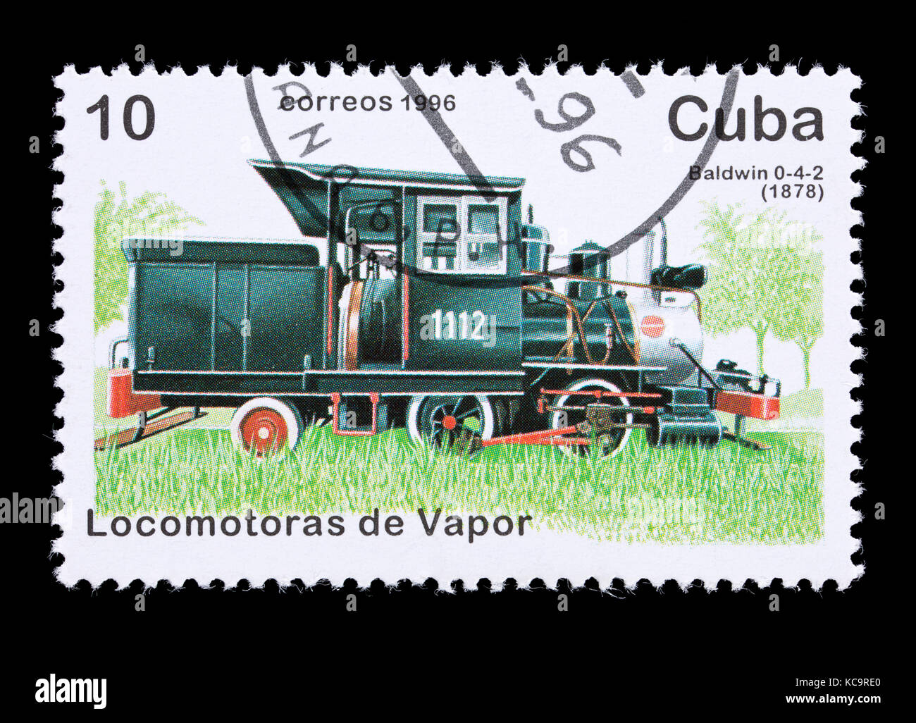 Postage stamp from Cuba depicting a Baldwin 0-402 steam locomotive from 1878 Stock Photo