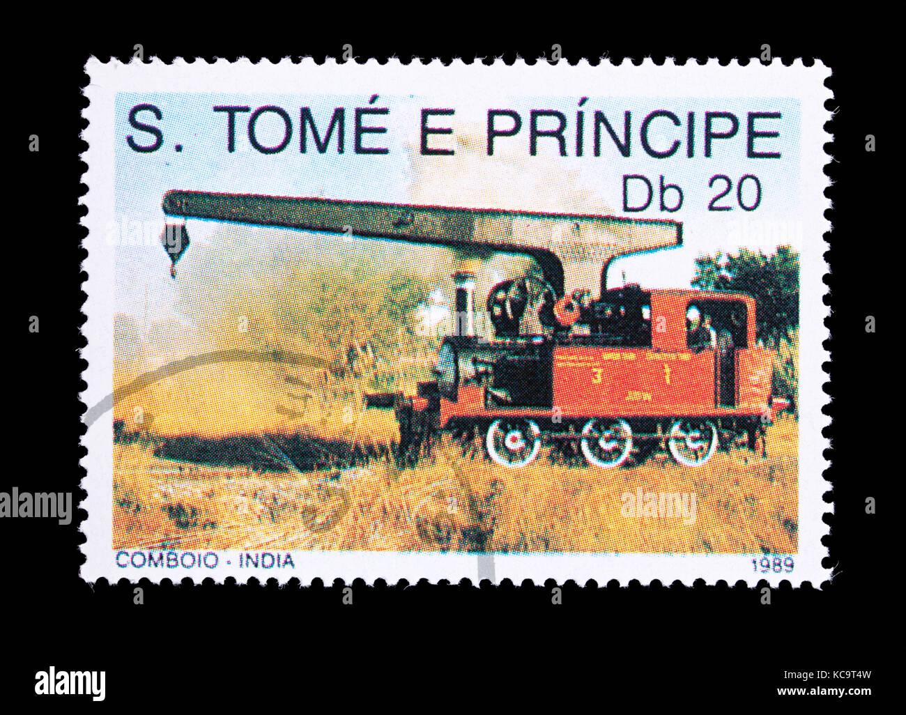 Postage stamp from the Saint Thomas and Prince Islands depicting a Indian railway crane Stock Photo