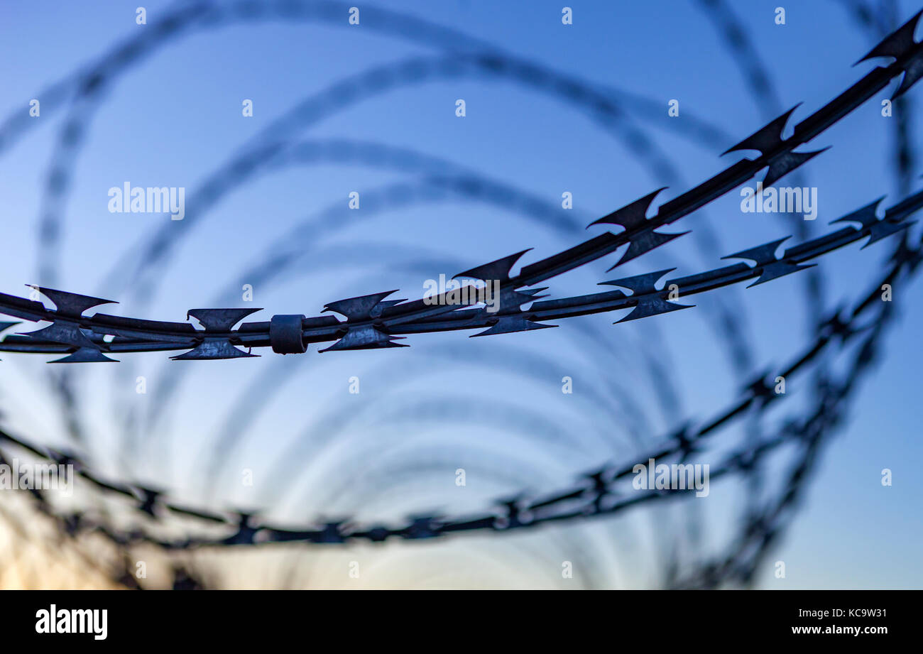 Fence with a barbed wire under a blue sky Stock Photo - Alamy