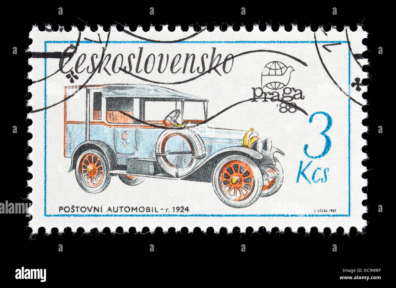 Postage stamp from Czechoslovakia depicting a 1924 postal van. Stock Photo