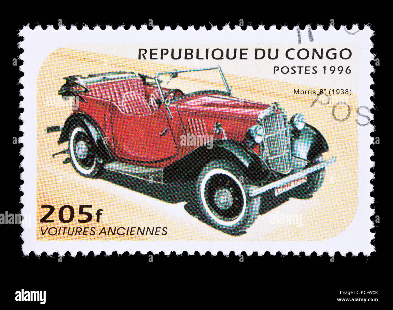 Postage stamp from the People's Republic of Congo depicting a 1938 Morris 8 Stock Photo
