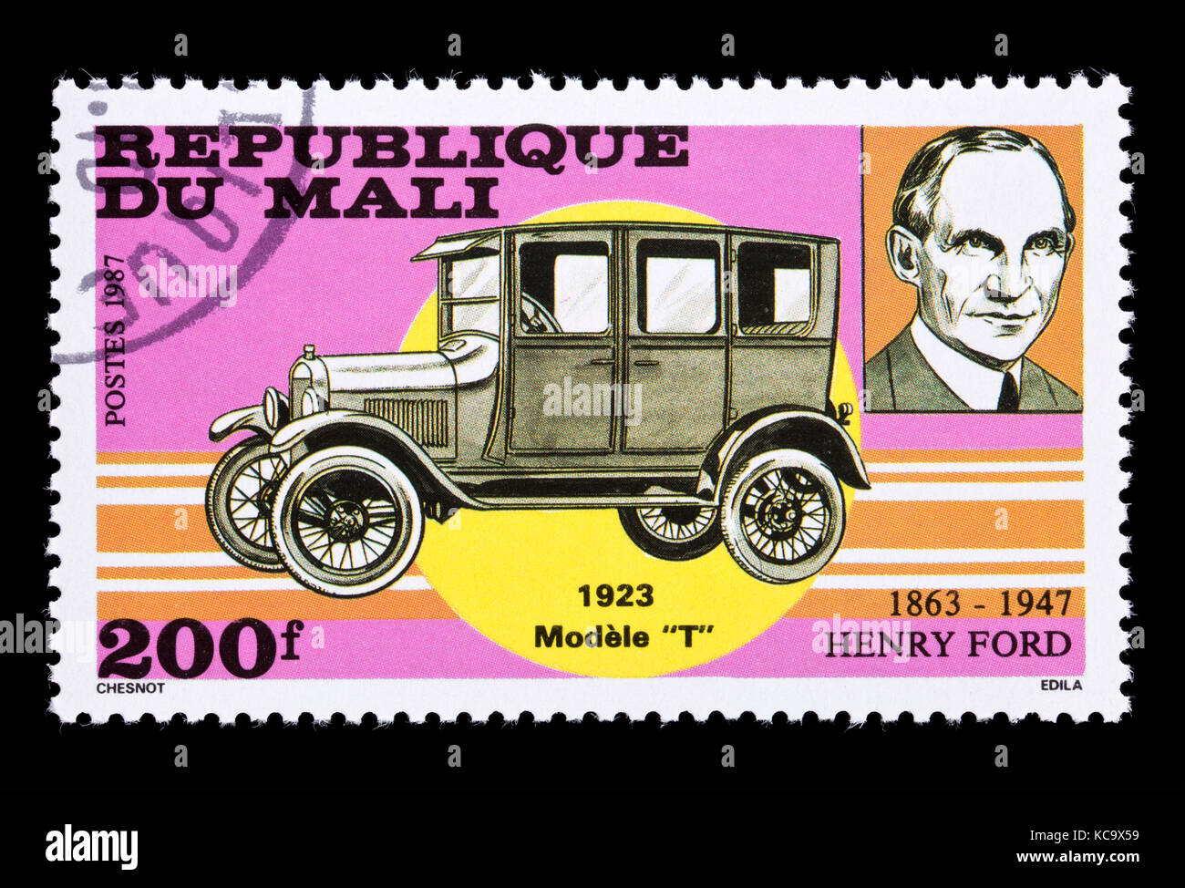 Postage stamp from Mali depicting Henry Ford and a 1923 Model T Ford classic automobile. Stock Photo