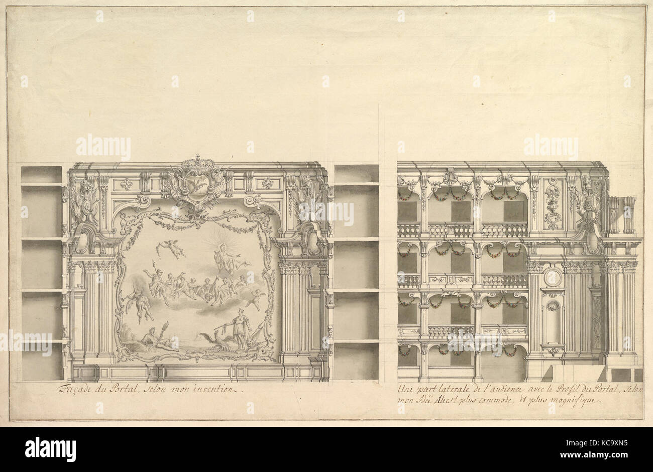 Elevation of Proscenium According to New Design and Lateral View of Boxes, Workshop of Giuseppe Galli Bibiena, ca. 1750 Stock Photo