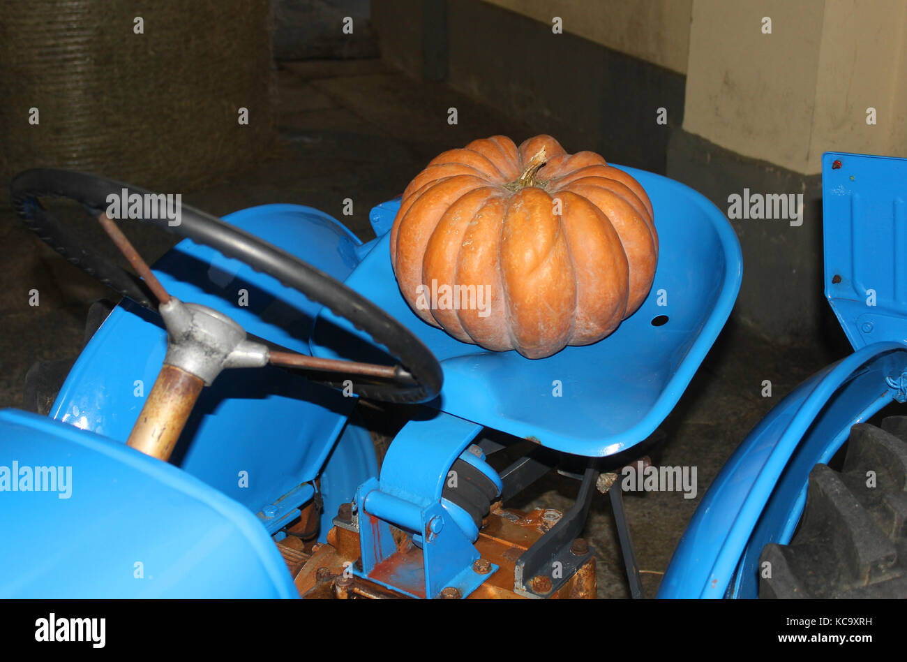 a pumpkin on a tractor's seat Stock Photo Alamy