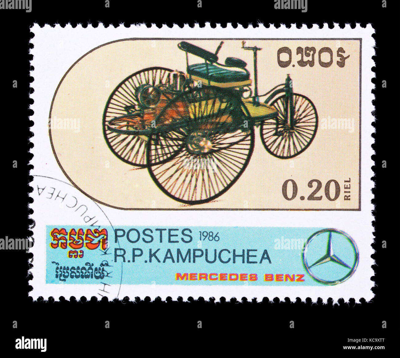 Postage stamp from Cambodia (Kampuchea) depicting a classic Mercedes Benz car. Stock Photo