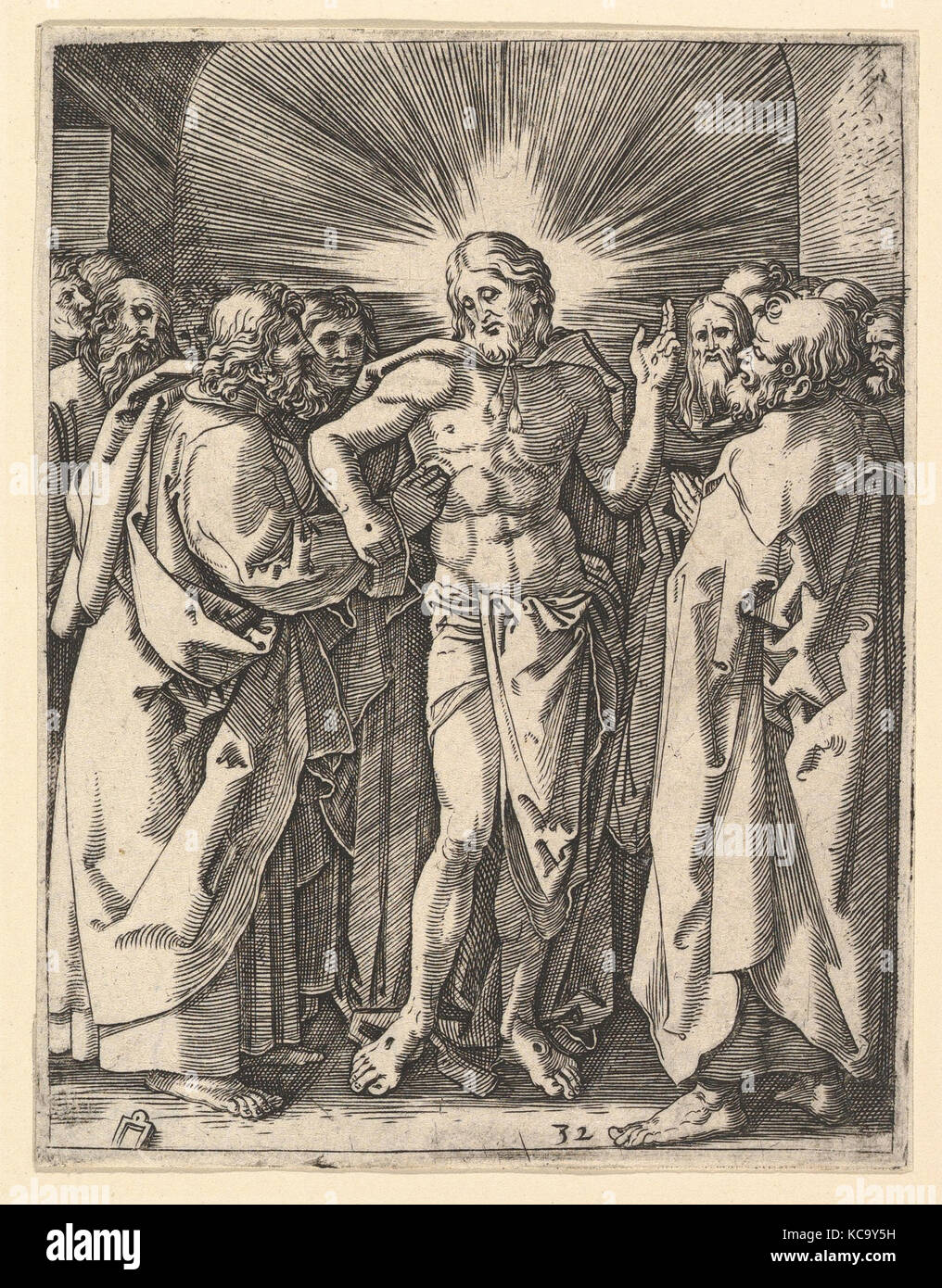 The Doubting Thomas; Christ among his disciples, Saint Thomas touching Christ's wound, after Dürer, Marcantonio Raimondi Stock Photo