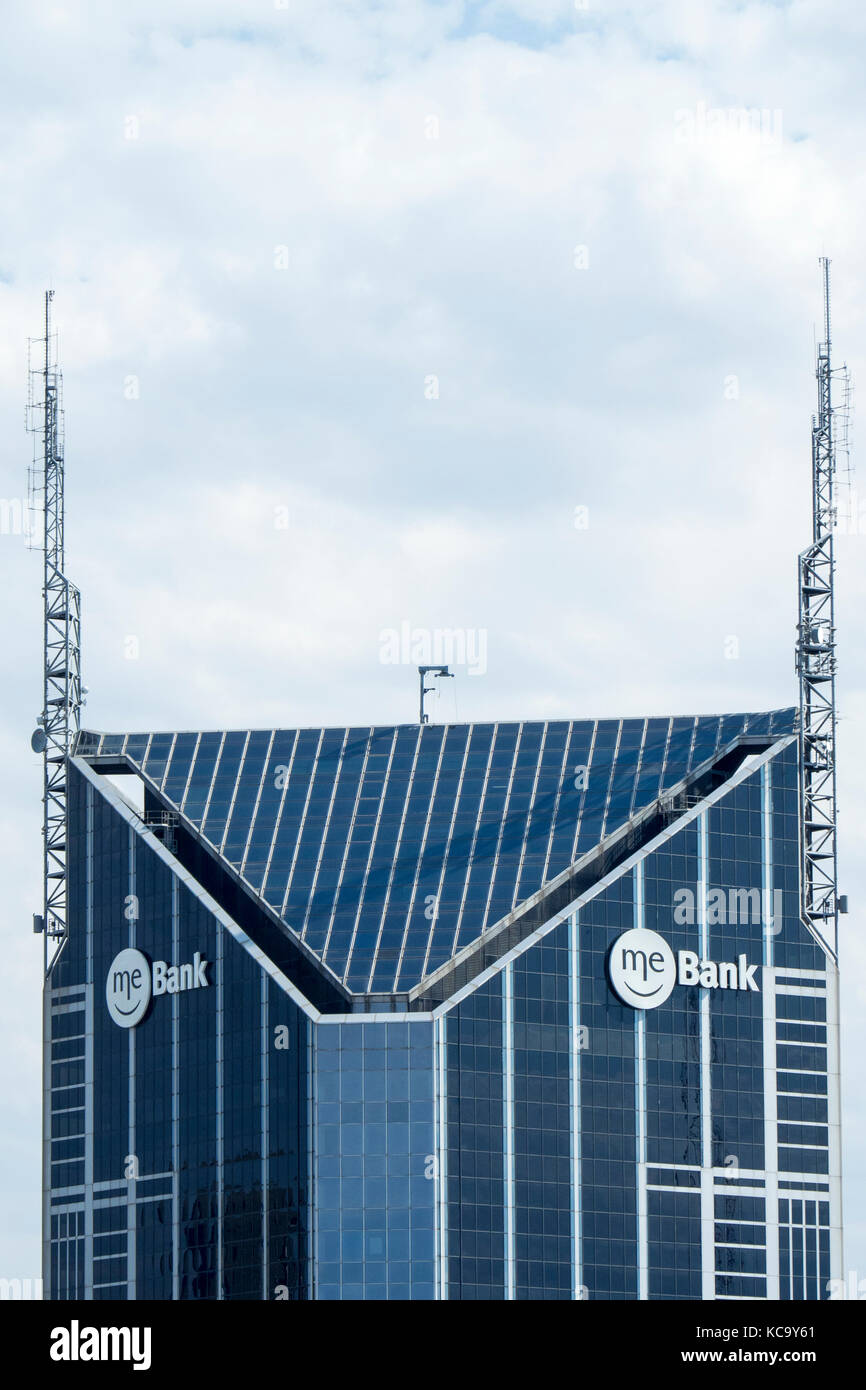 Communications mast and the Members Equity Bank logo atop of the Melbourne Central office tower