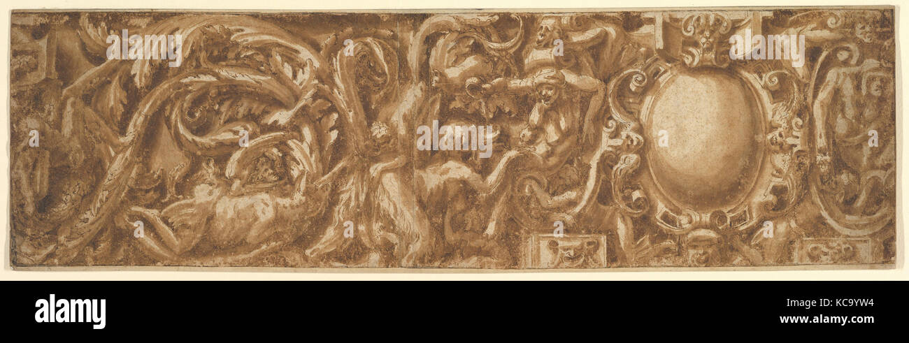 Ornamental Frieze, 1511–87, Pen and brown ink, brush and brown wash, 5-1/2 x 19-5/16 in. (14.0 x 49.1 cm), Drawings, Lelio Orsi Stock Photo