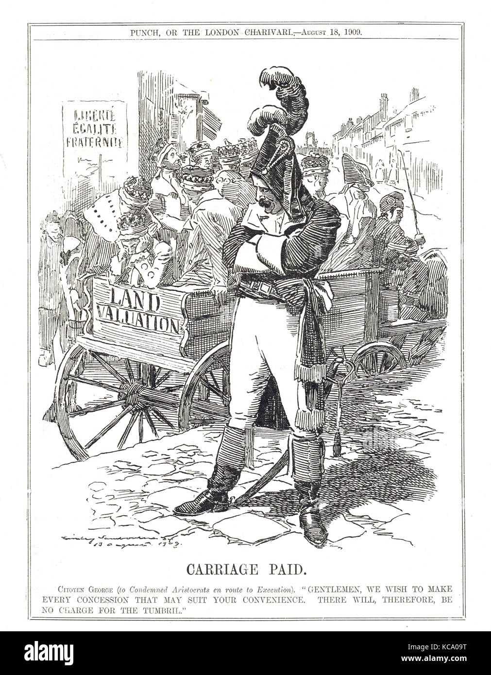 David Lloyd George portrayed as a French revolutionary Citoyen George. Punch cartoon on the People's budget of 1909-10 Stock Photo