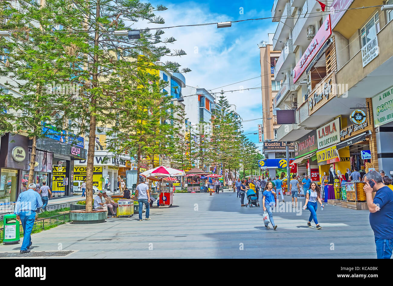 ANTALYA, TURKEY - MAY 12, 2017: The modern shopping neighborhood of the city is popular among the tourists, looking for sales and cheap goods, on May  Stock Photo