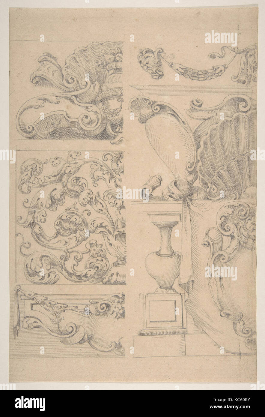 Design for Cartouches Decorated with Sea-Shells, Garlands, Foliage, Volutes and Urns, After Agostino, 1609–60 Stock Photo