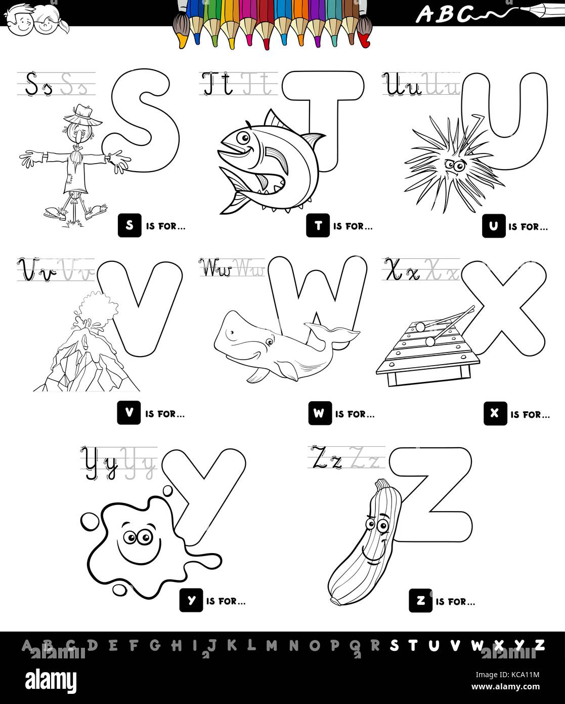 Black and White Cartoon Illustration of Capital Letters Alphabet Educational Set for Reading and Writing Learning for Children from S to Z Coloring Bo Stock Vector