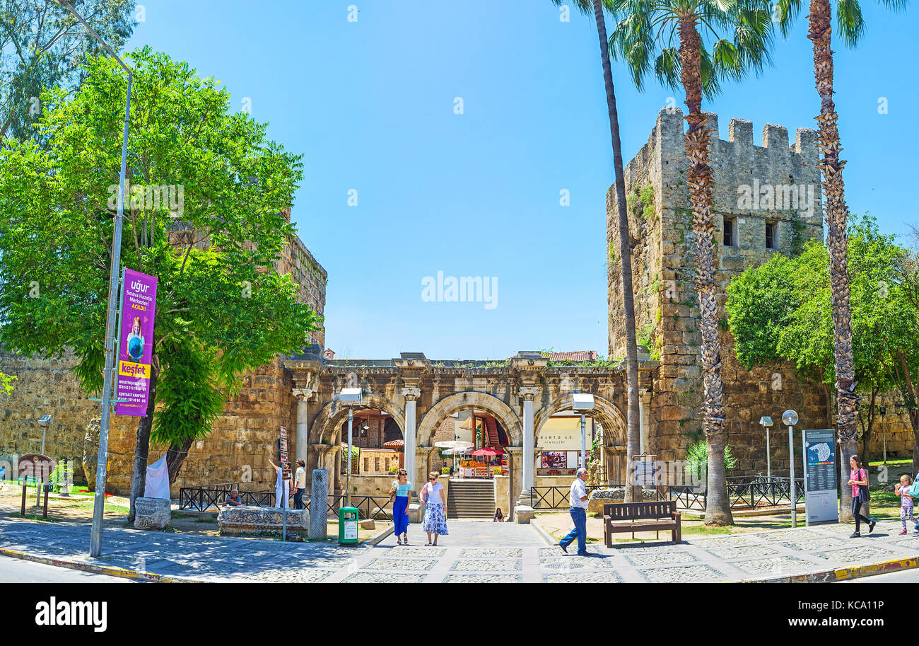 ANTALYA, TURKEY - MAY 13, 2017: The Hadrian's Gate with preserved ...
