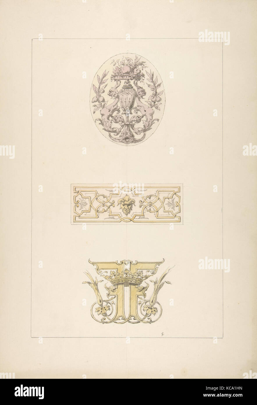 Two designs for decorative panels and one design for an ornamental monogram with a crown and the initials: FF Stock Photo
