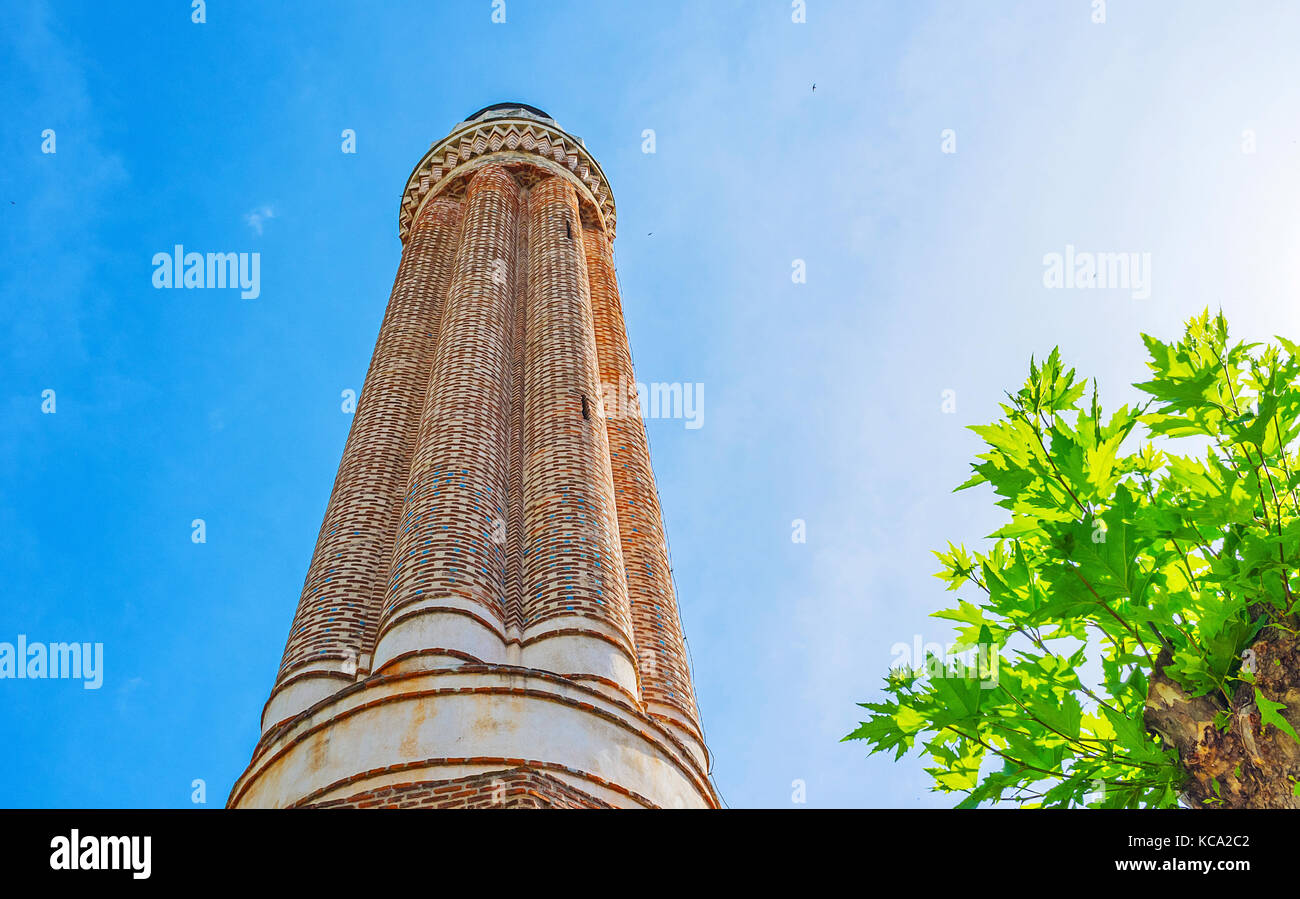 Yivli minare (fluted minaret), also named Alaaddin or Ulu (Grand) mosque is one of the most unusual medieval landmarks of Antalya, Turkey. Stock Photo
