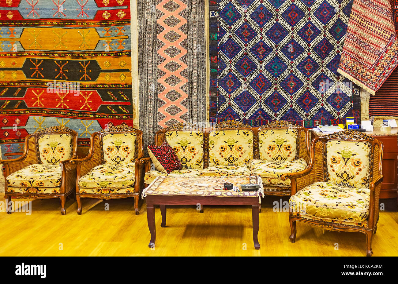 ANTALYA, TURKEY MAY 12, 2017 The vintage furniture in luxury carpet store in Old Bazaar, the