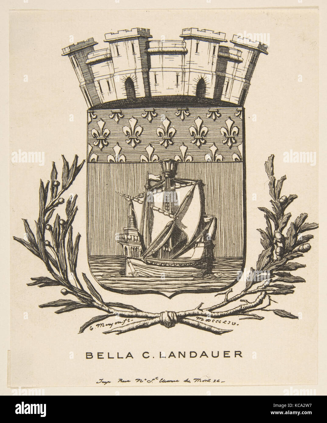 Coat-of-Arms Symbolizing the City of Paris; Bookplate of Bella C. Landauer, Charles Meryon, 19th century Stock Photo