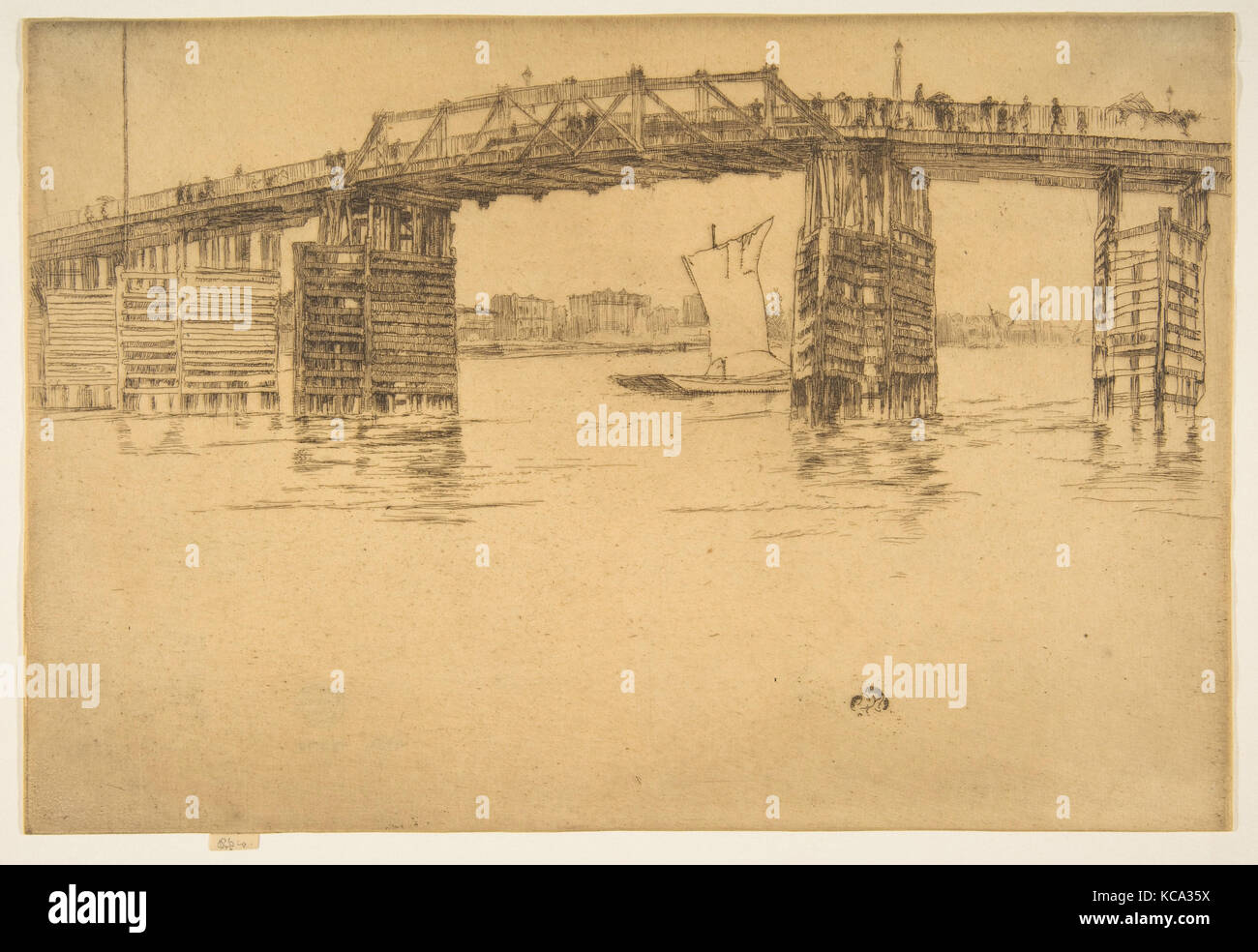 Old Battersea Bridge, 1879, Etching and drypoint; seventh state of seven (Glasgow); printed in dark brown ink on ivory laid Stock Photo