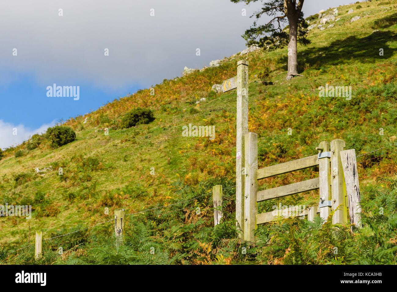 Rural sign post and wooden stile on a hiking trail leading up the Berwyn mountain trail in Wales UK with generous copy space Stock Photo