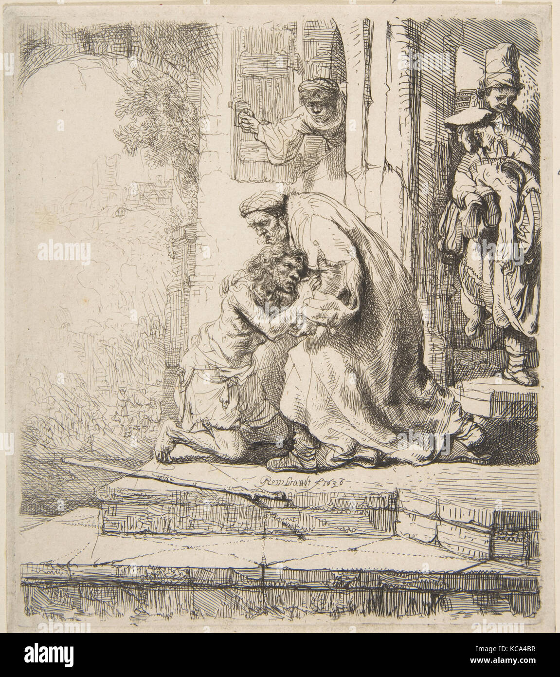 Return of the Prodigal Son, 1620–69, Etching, pen and ink, Plate: 6 1/8 × 5 7/16 in. (15.6 × 13.8 cm), Prints, Rembrandt Stock Photo
