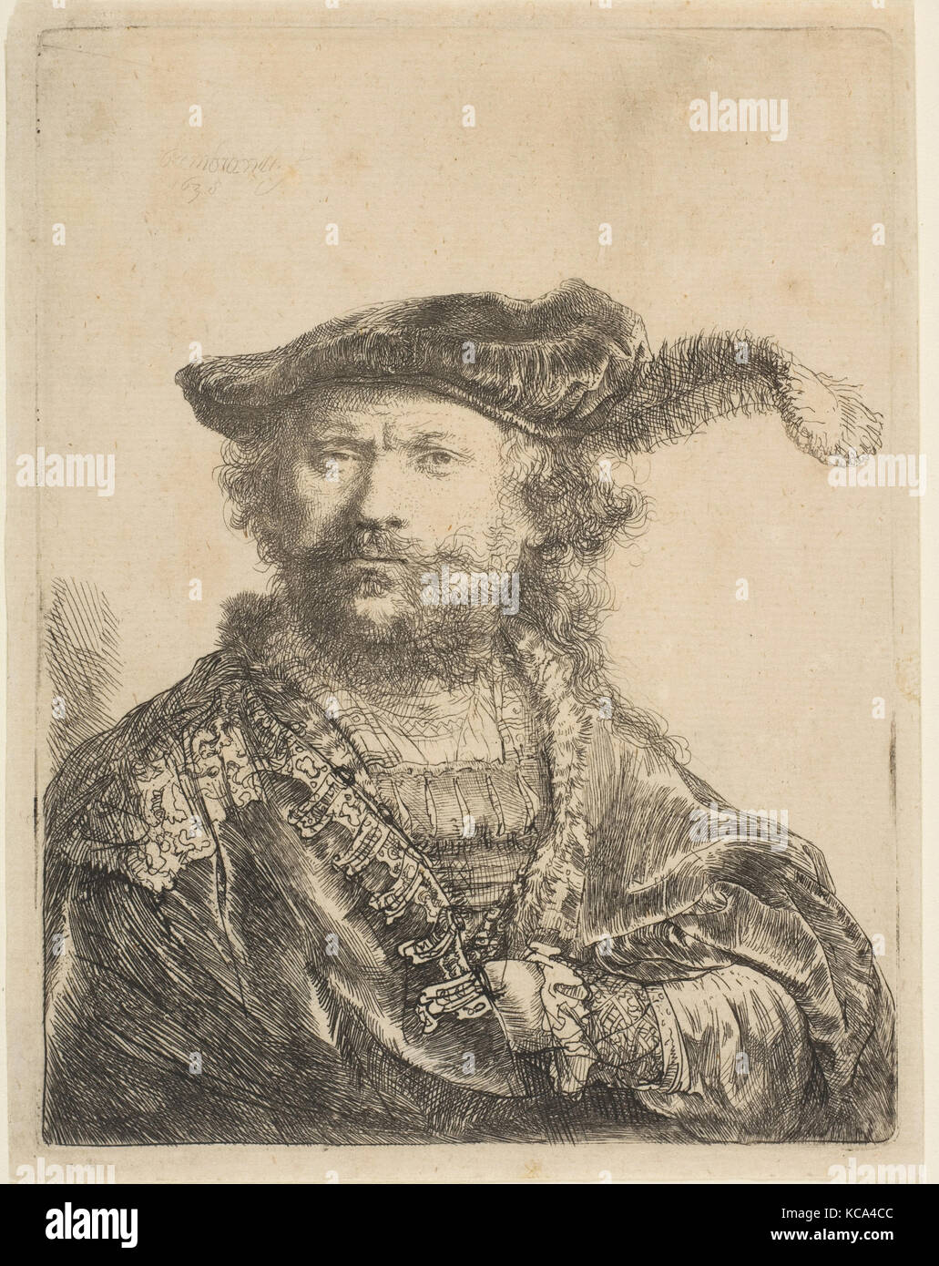Self-Portrait in a Velvet Cap with Plume, Rembrandt, 1638 Stock Photo
