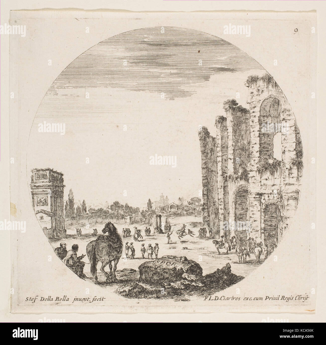 Plate 9: the Arch of Constantine to left, seen from the side, part of the Colosseum to right, various horses and figures Stock Photo