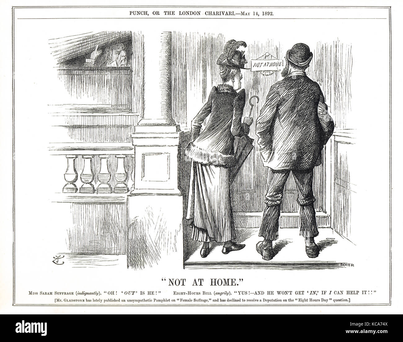 William Gladstone hiding from campaigners for female suffrage and an eight hour working day, Punch cartoon 1892 Stock Photo