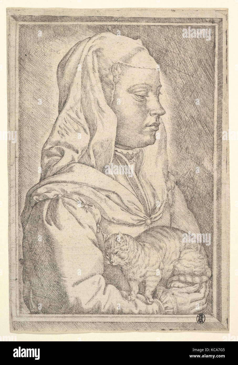 Girl with a Cat, 1545, Etching with engraving, plate 8-3/4 x 5-7/8 in. (22.2 x 15 cm), Prints, Jan Cornelisz Vermeyen Stock Photo