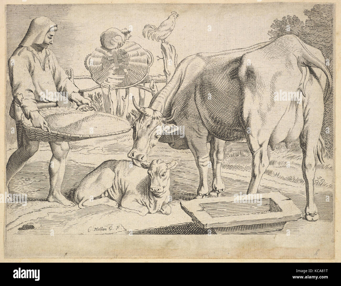 Country Scene with a Peasant, Cow and Calf, Claude Mellan Stock Photo