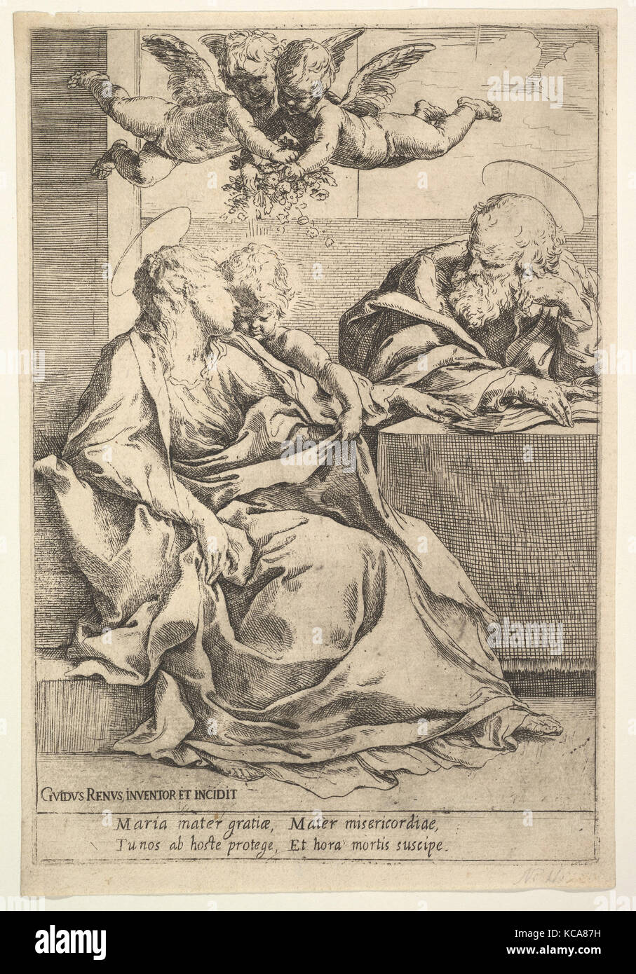 The Holy Family with Two Angels, etching, plate: 8 11/16 x 5 7/8 in. (22 x 15 cm), Prints, Guido Reni (Italian, Bologna 1575 Stock Photo