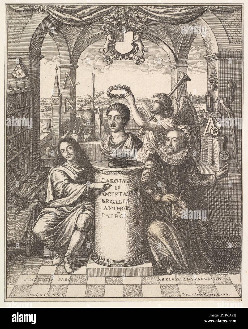 The Royal Society, frontispiece to Thomas Sprat, 'The History of the Royal Society of London.', After John Evelyn, 1667 Stock Photo