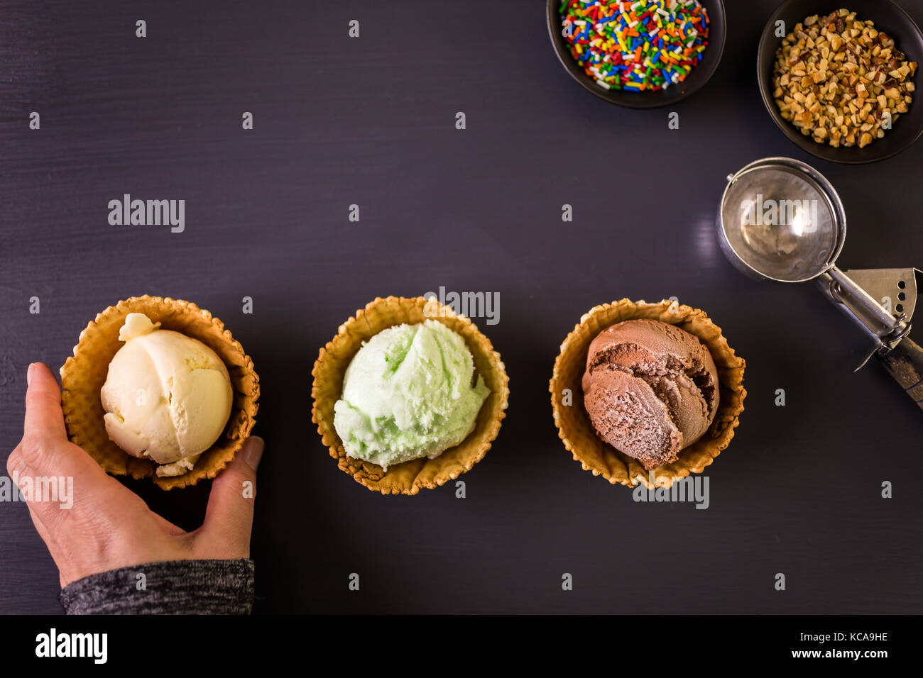 Waffle ice cream bowls with scoops of ice cream Stock Photo Alamy