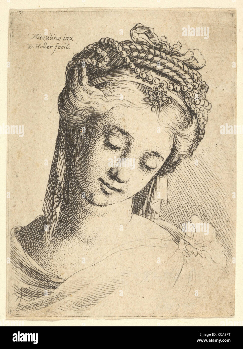 Bust of a young woman with elaborate headdress, looking down., After