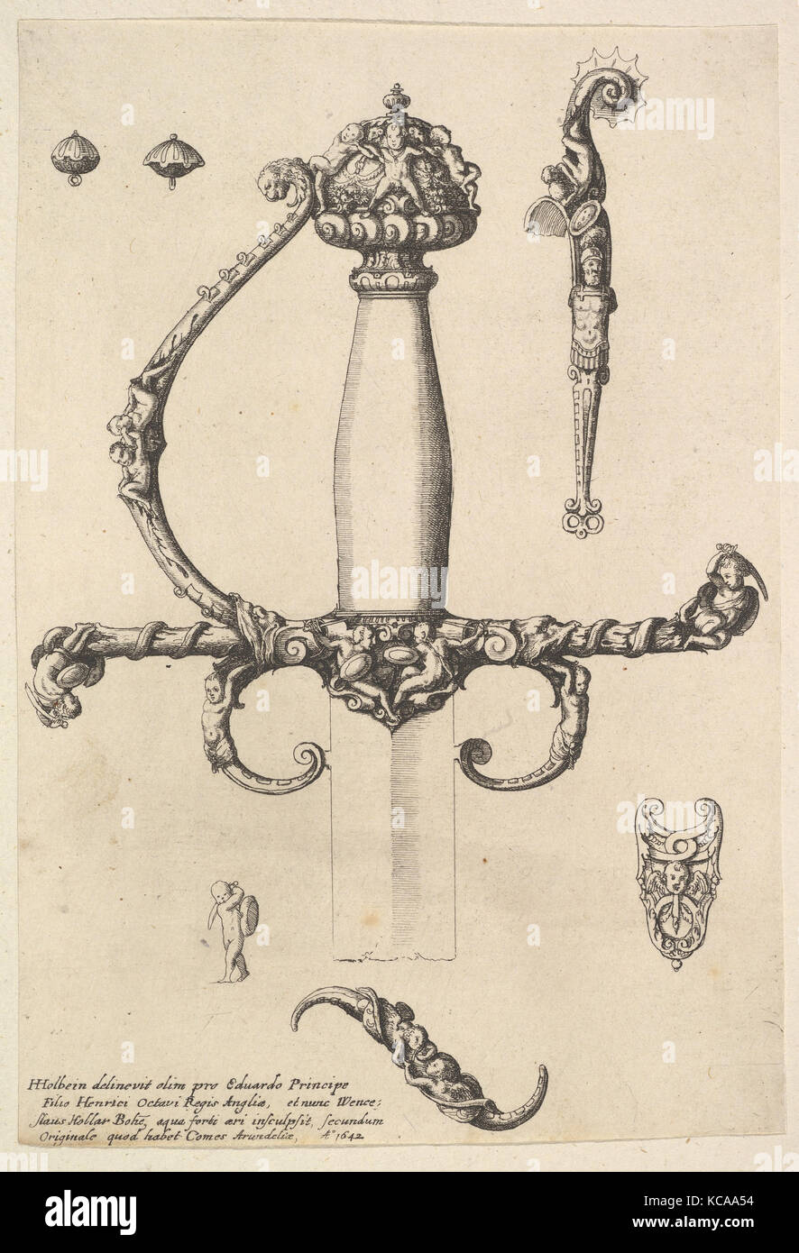 Ornamental sword hilt, 1642, Etching; only state, Sheet: 7 3/8 × 5 1/16 in. (18.7 × 12.9 cm), Wenceslaus Hollar (Bohemian Stock Photo
