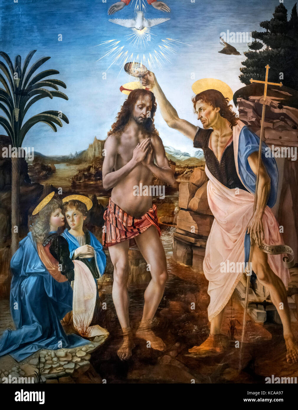 The Baptism of Christ by Andrea del Verrocchio (c. 1435-1488) and Leonardo da Vinci (1452-1519), tempera and oil on panel, c.1470-75 Stock Photo