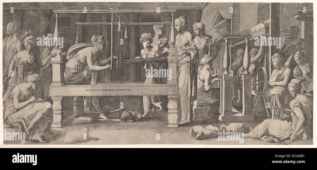 Women spinning, weaving and sewing, Master FG, mid16th century Stock