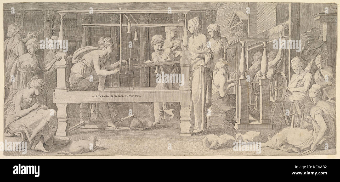 Women spinning, weaving and sewing, Master FG, mid16th century Stock