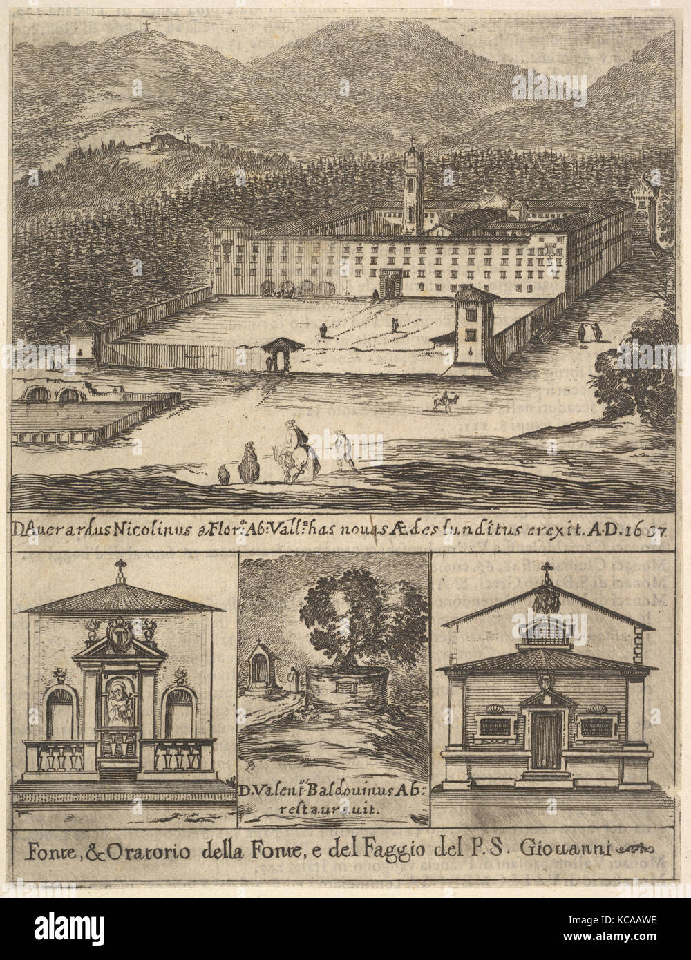 Four views: at top, a view of the new monastery of Vallombrosa, at bottom left and right, a view of a chapel, at bottom center Stock Photo