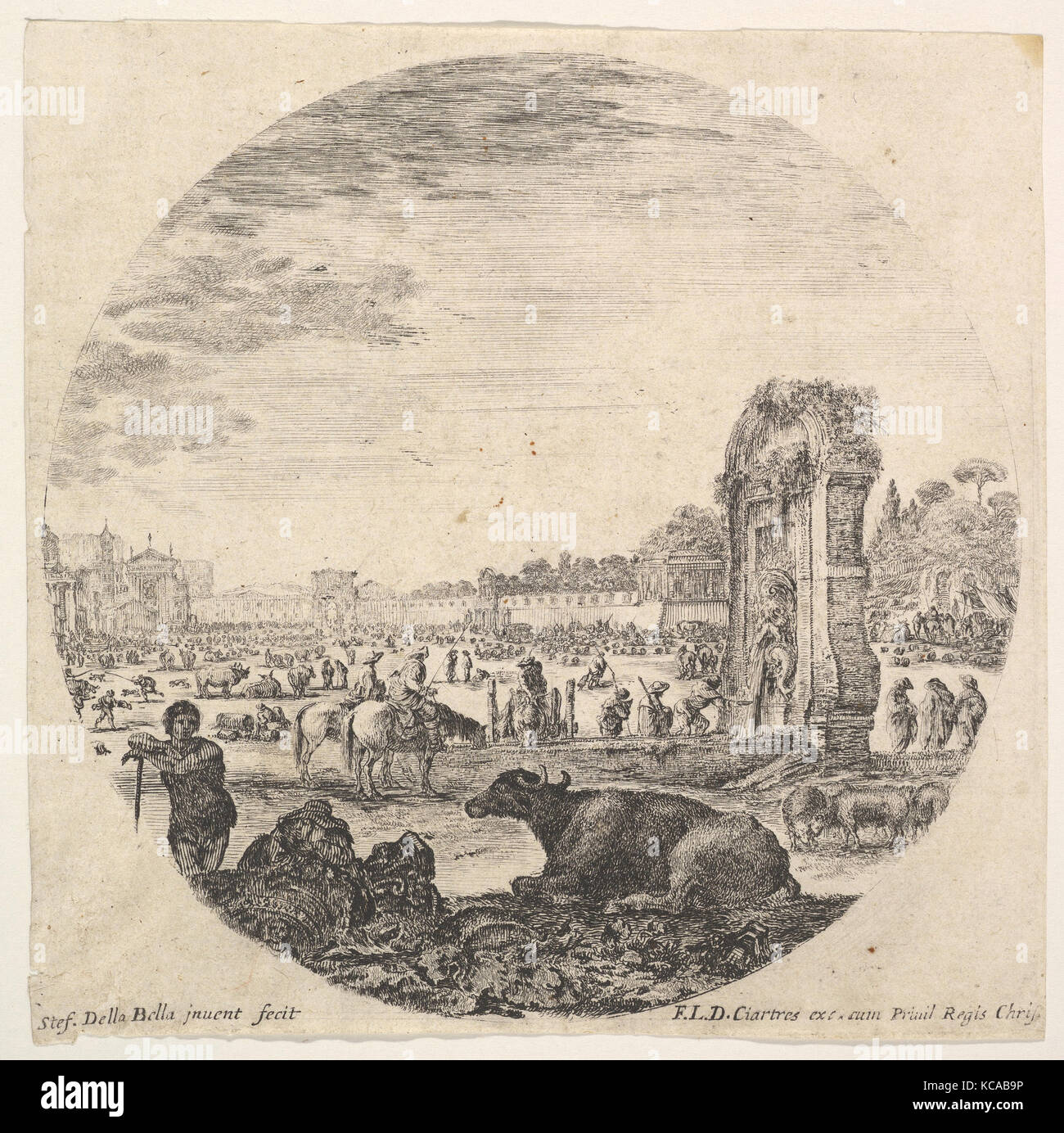 Plate 2: Campo Vaccino, a buffalo and two shepherds in center, the Fontanone to right in the middleground, various animals Stock Photo