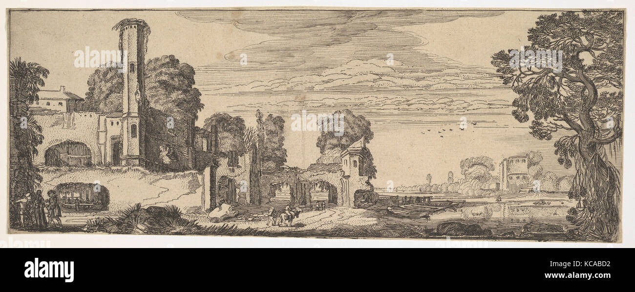 Riverscape with Ruins of a Castle (from Landscapes and Ruins), Jan van de Velde II, ca. 1615 Stock Photo