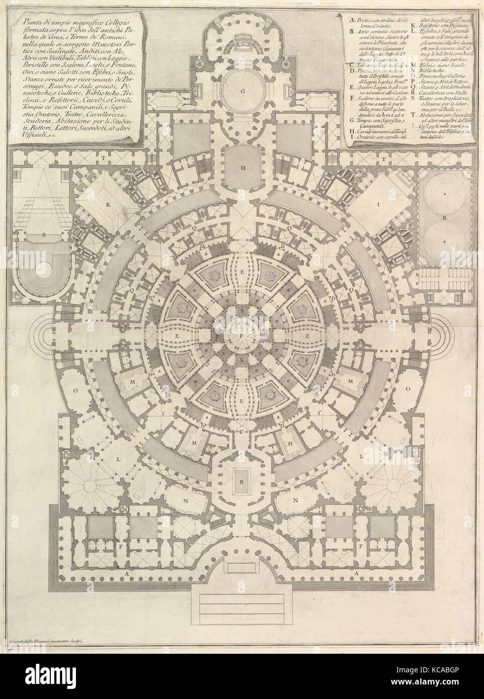 Plan of a spacious and magnificent College designed after the ancient gymnasia of the Greeks and the baths of the Romans Stock Photo