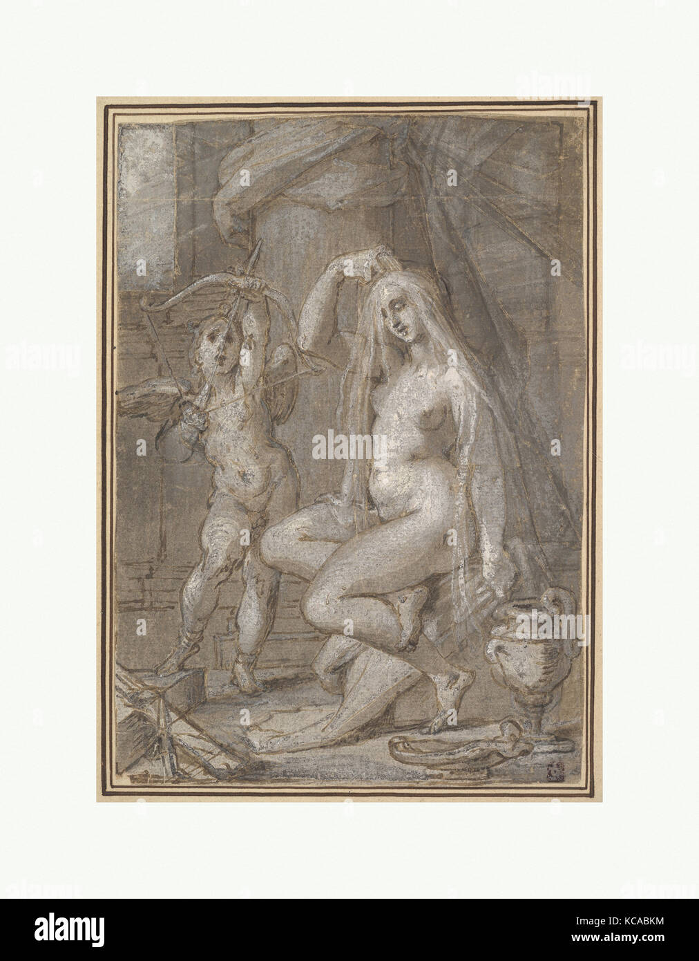 Venus and Amor, ca. 1585, Pen and brown ink, light and dark brown and gray wash, heightened with white (partially oxidized Stock Photo