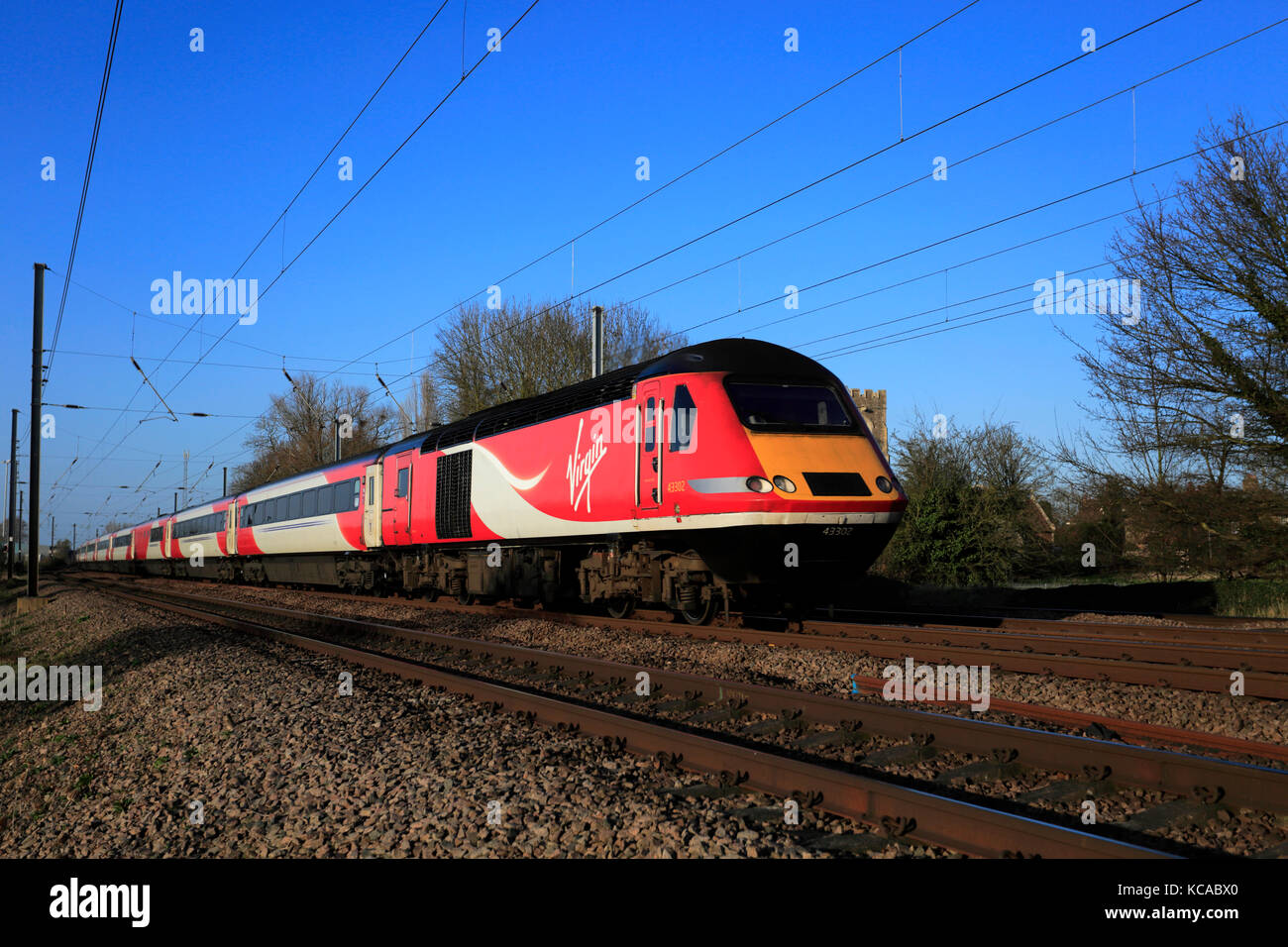 43302, Virgin Trains, Offord Cluny village, East Coast Main Line Railway, Peterborough, Cambridgeshire, England, UK Stock Photo
