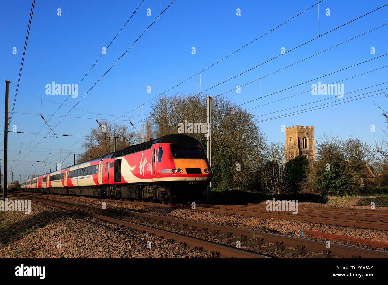 43308, Virgin Trains, Offord Cluny village, East Coast Main Line Railway, Peterborough, Cambridgeshire, England, UK Stock Photo