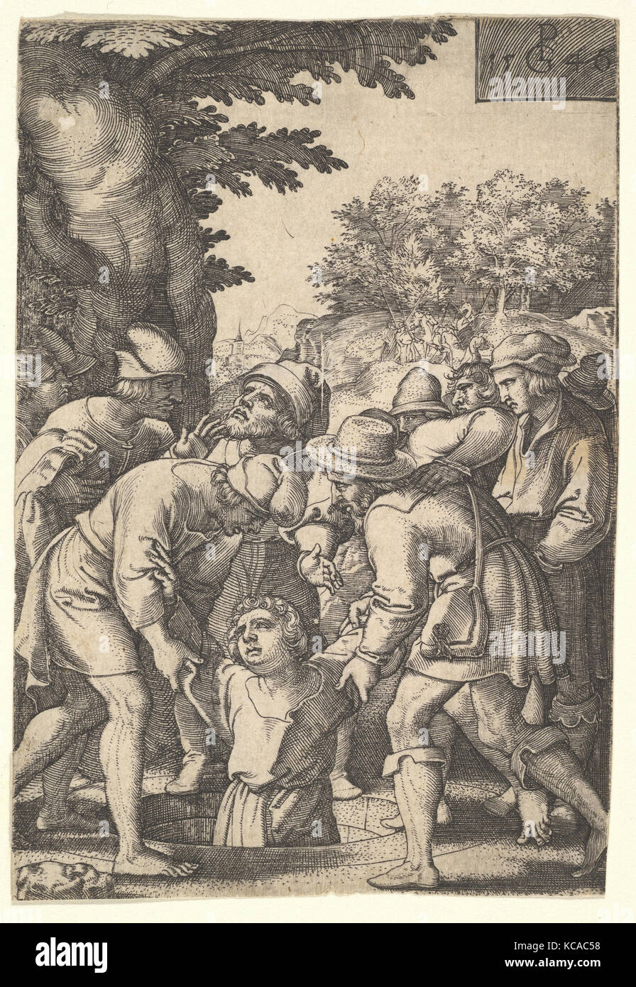 Joseph lowered into a well by his brothers, from the series 'The Story of Joseph', Georg Pencz, 1546 Stock Photo
