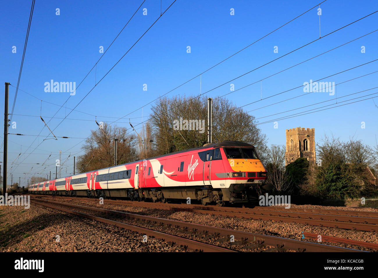 82230 Virgin Trains, Offord Cluny village, East Coast Main Line Railway, Cambridgeshire, England, UK Stock Photo