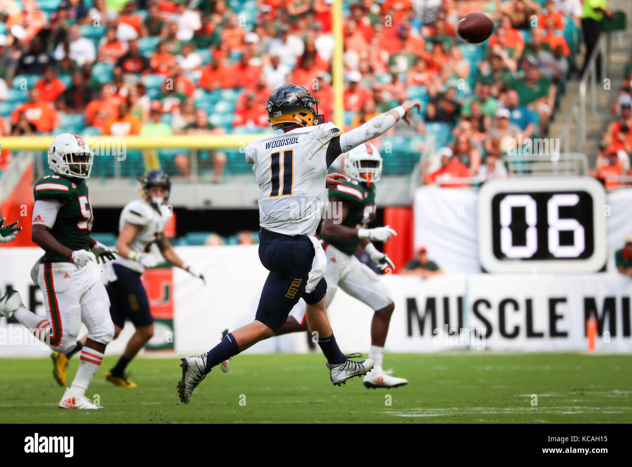 Miami Gardens, Florida, USA. 23rd Sep, 2017. Toledo Rockets quarterback Logan Woodside (11) throws a pass during the college football game between the Toledo Rockets and the Miami Hurricanes at the Hard Rock Stadium in Miami Gardens, Florida. Miami won 52-30. Mario Houben/CSM/Alamy Live News Stock Photo