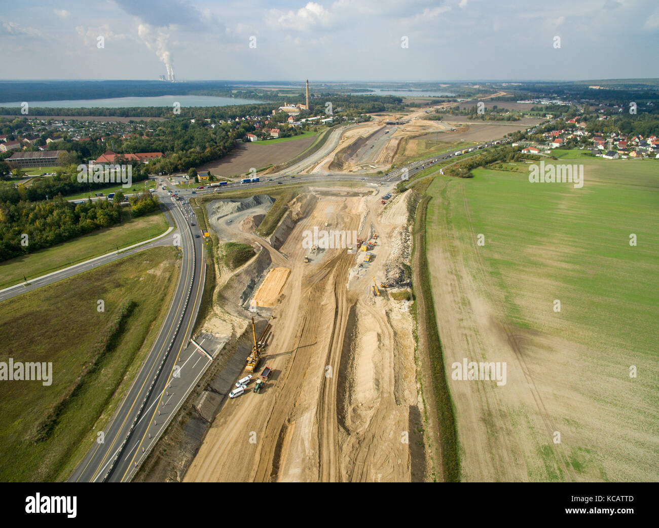Borna, Germany. 21st Sep, 2017. The construction site for the Borna junction of the future Autobahn A72 motorway, in Borna, Germany, 21 September 2017. The final section of the motorway between Leipzig and Chemnitz is currently under construction (Aerial photo taken using a drone) Credit: Jan Woitas/dpa-Zentralbild/dpa/Alamy Live News Stock Photo